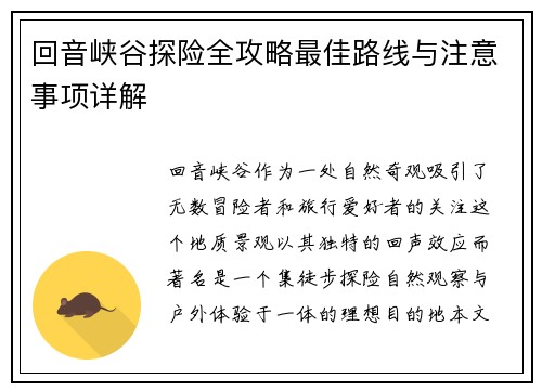 回音峡谷探险全攻略最佳路线与注意事项详解